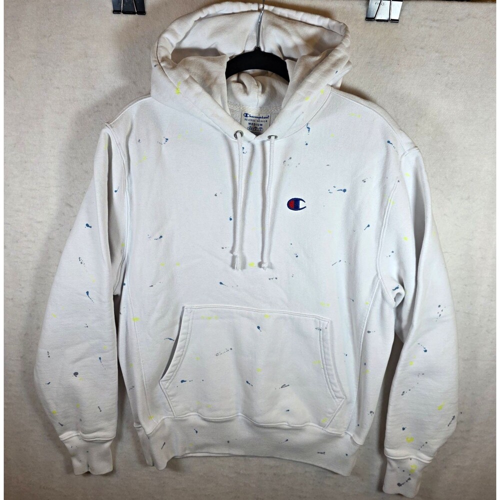 Champion Reverse Weave Men's M White Fleece Pullover Hoodie Logo Pockets Print
